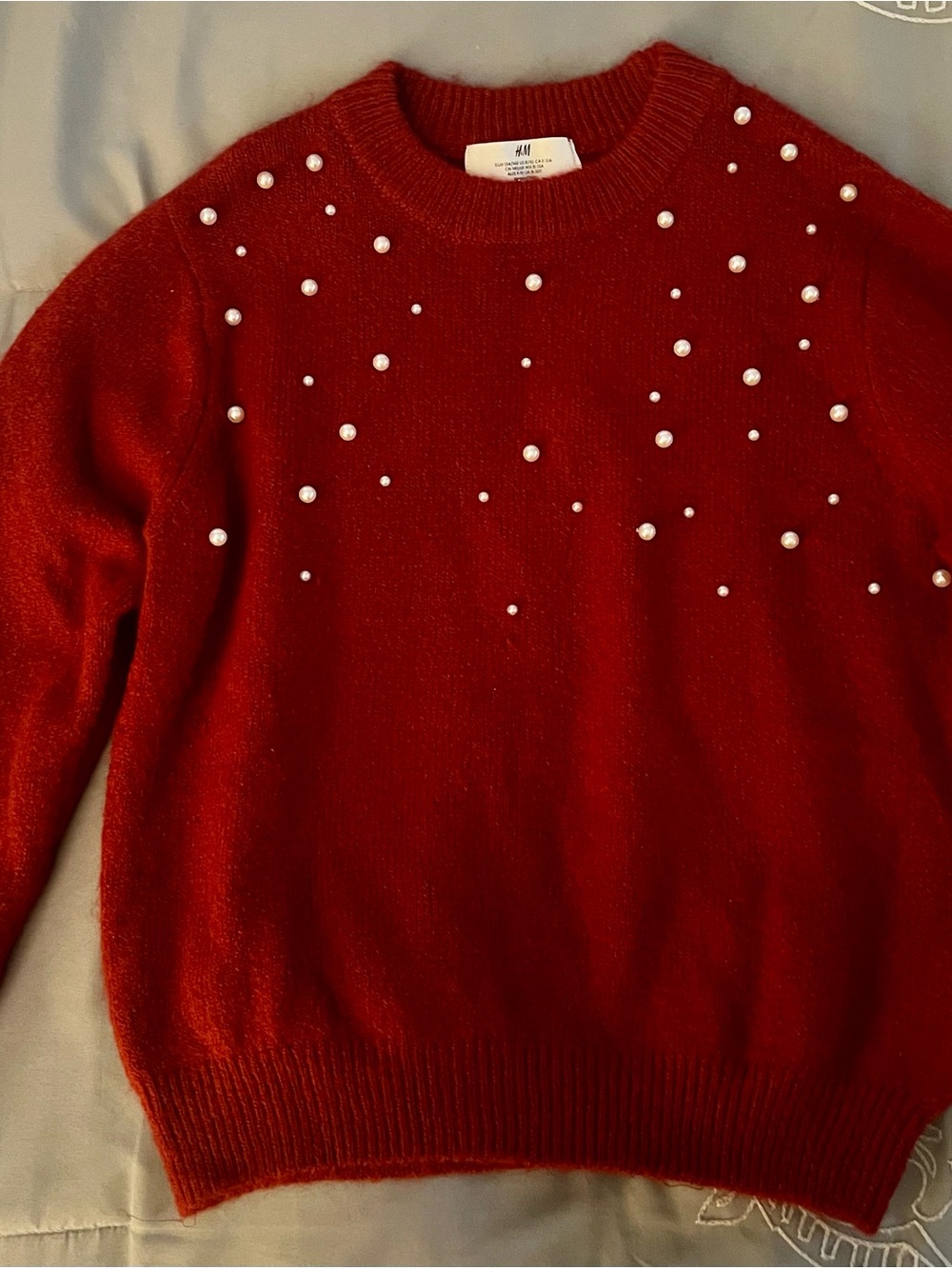 H&M Girl’s Red Pearl-Embellished Crewneck Sweater Size 8/10